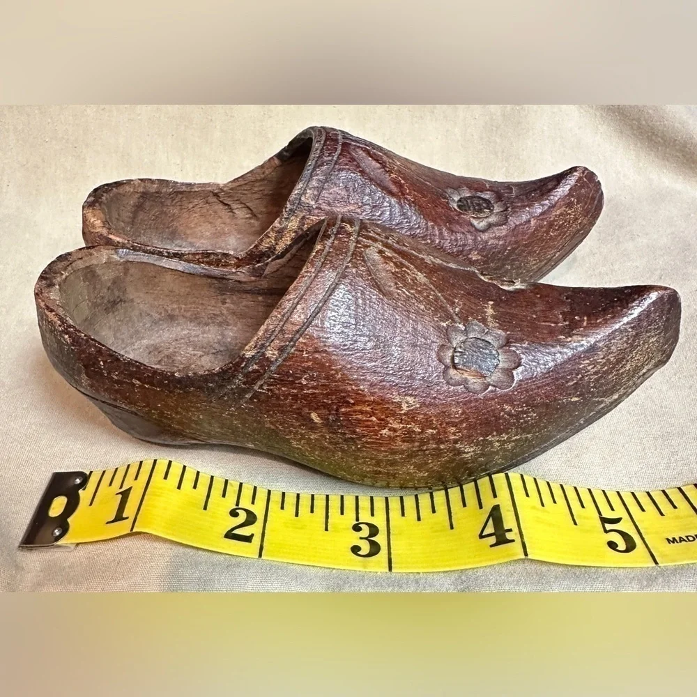Rustic Hand Carved Antique Vintage Miniature Wooden Souvenir Clogs Flower Detail